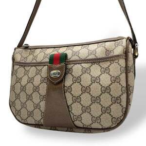 Gucci Old Sherry Line GG Supreme Shoulder Bag Pochette Leather Brown Beige Go...